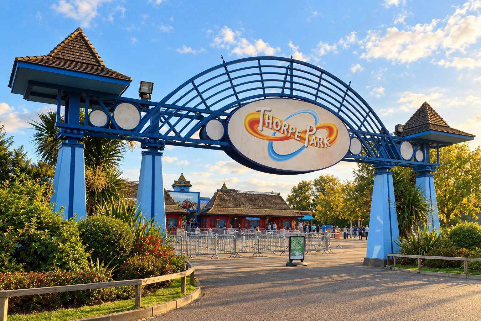 Toegangsboog en naambord van Thorpe Park in warm middaglicht