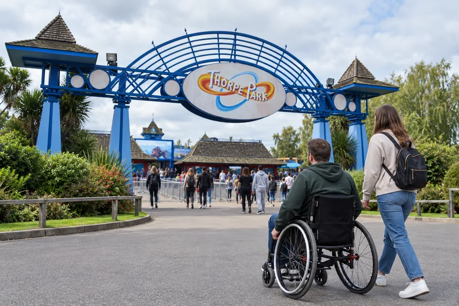 Persona in sedia a rotelle con un accompagnatore che attraversa il piazzale pavimentato all’ingresso di Thorpe Park