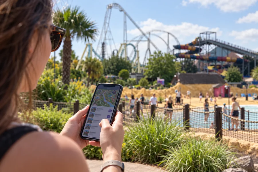 Visitatore che usa il telefono vicino alle attrazioni e ai vialetti nel verde di Thorpe Park