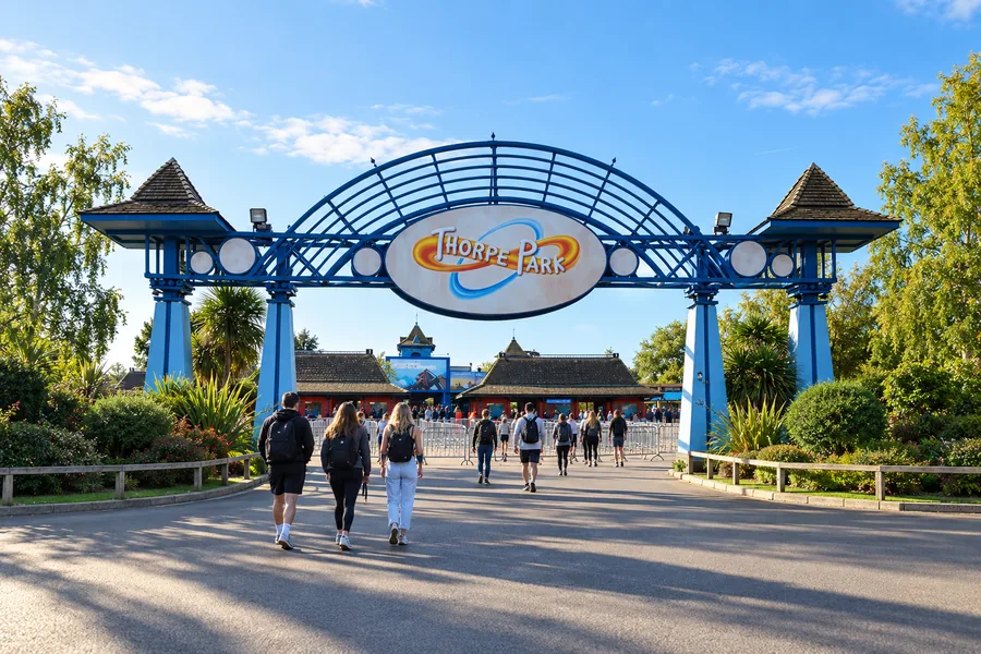 Visitatori che si avvicinano all’ingresso di Thorpe Park di prima mattina