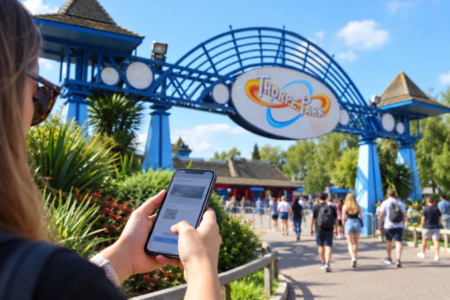 Visitatore che controlla una prenotazione sul telefono vicino all’ingresso di Thorpe Park
